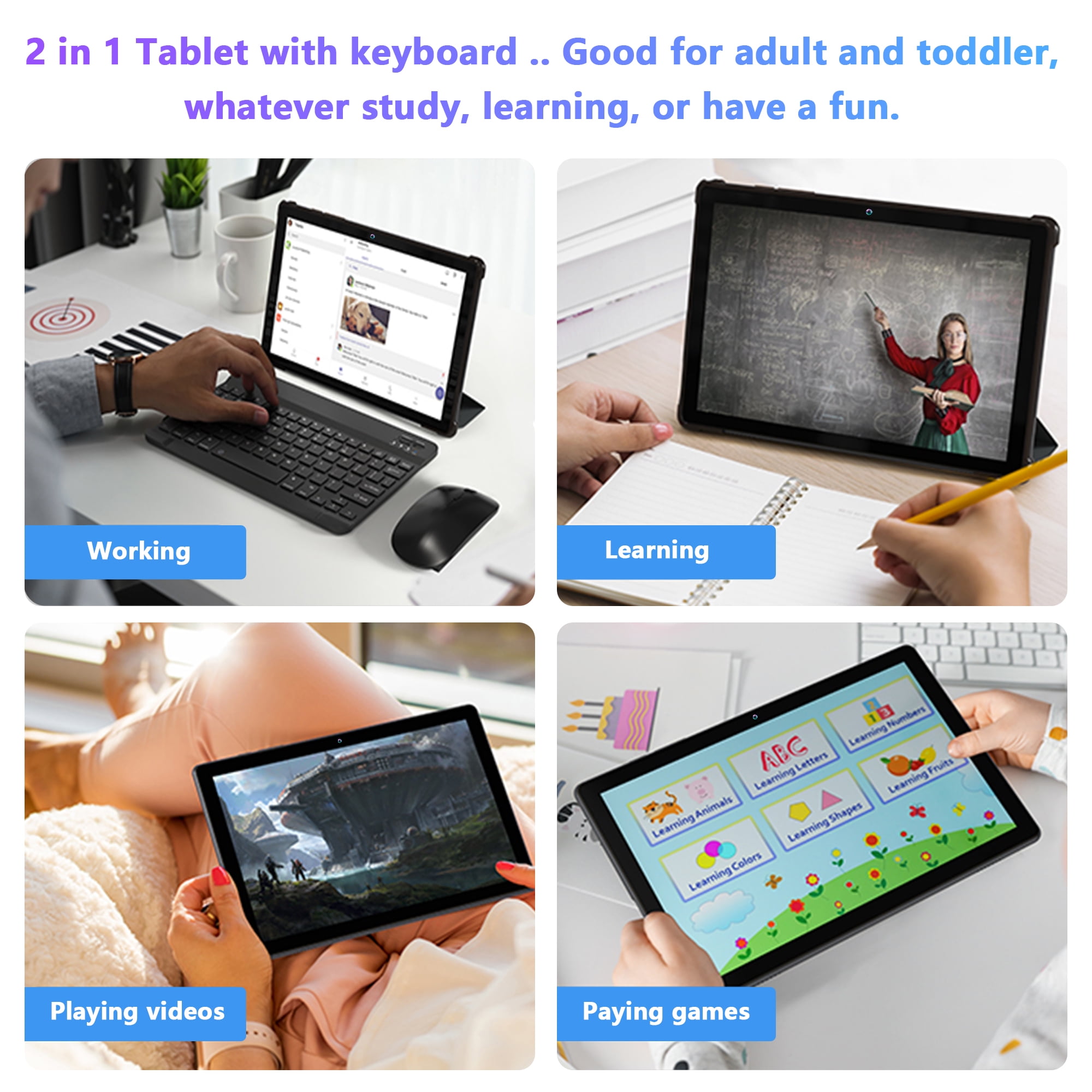 2 in 1 Tablet with Keyboard, 10.1 inch Android 12 Tablet PC