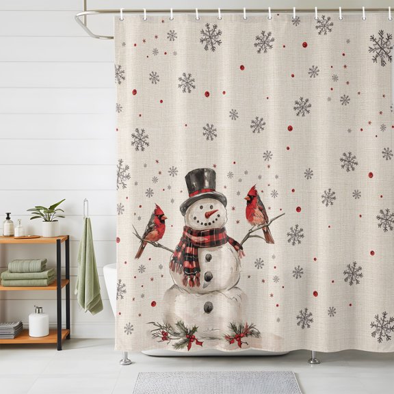 Shower Curtains for Bathroom, Christmas Waterproof Fabric Shower Curtain, Snowman Snowflake Red Xmas Birds Rustic Decorative Bathroom Curtain for Bathtub, 72"x78", No Hooks Included