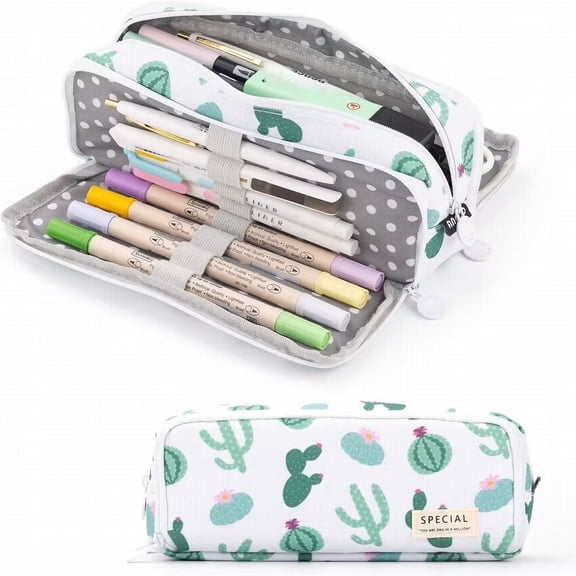 BESEW7 3 Compartments Canvas Pencil Pouch, Large Pencil Case for Travel Office Supplies, Double Opening Design Pen Holder Bag with Elastic Band and Net Pockets