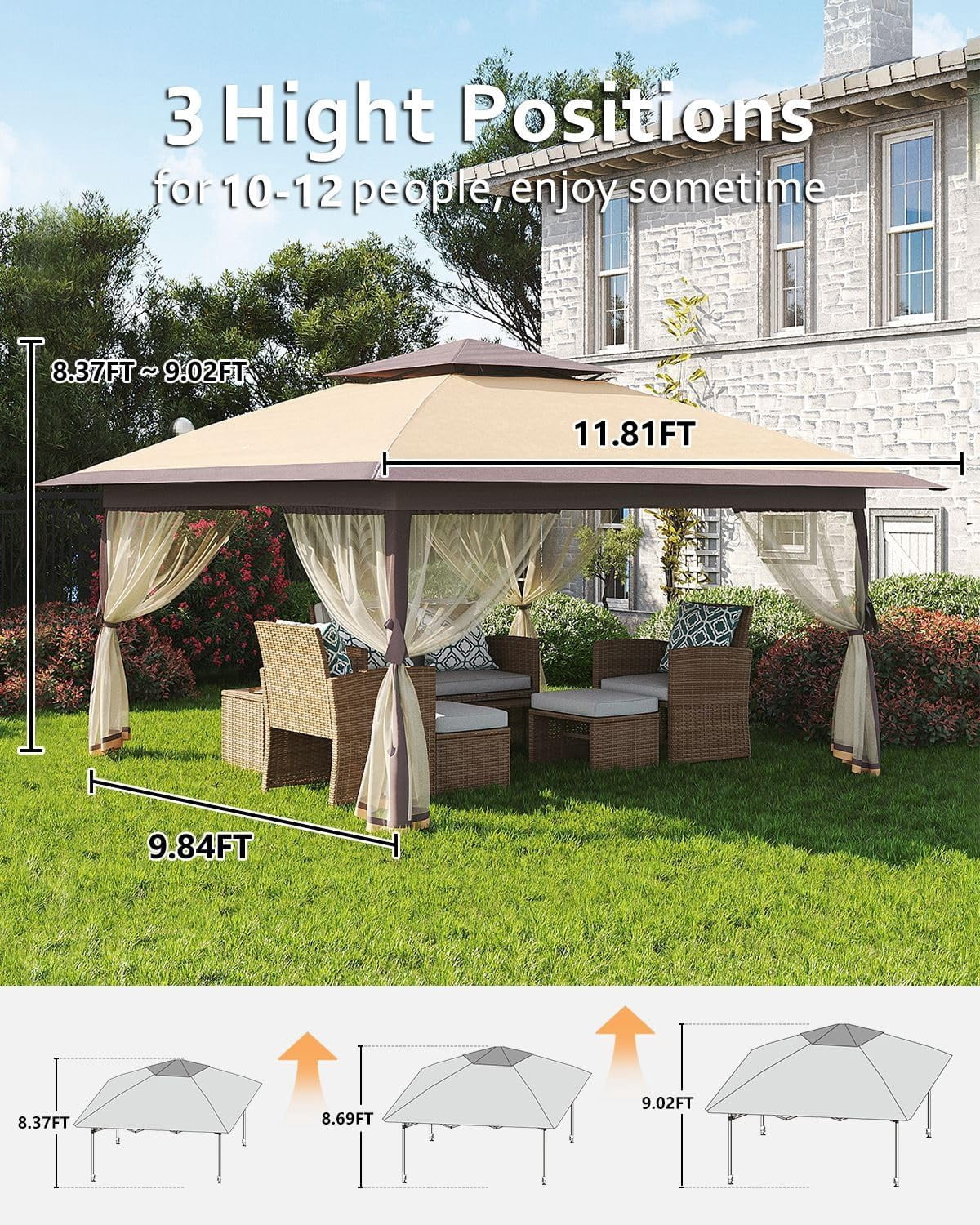 Garvee 12x12 Gazebo with Mosquito Netting, Pop up Canopy Tent Easy Setup with 4 Sand Bags, 3 Height Adjustable for Backyard Garden Patio, Khaki