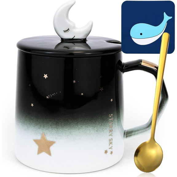 Farcauo Cute Mug With Lid Star & Moon 3d Cup Gift Funny Coffee Mugs 420 ml/14 oz Tea Cups With Spoon & Coaster Tea Coffee Mug Cute Birthday Gift For Girlfriend Women Girls
