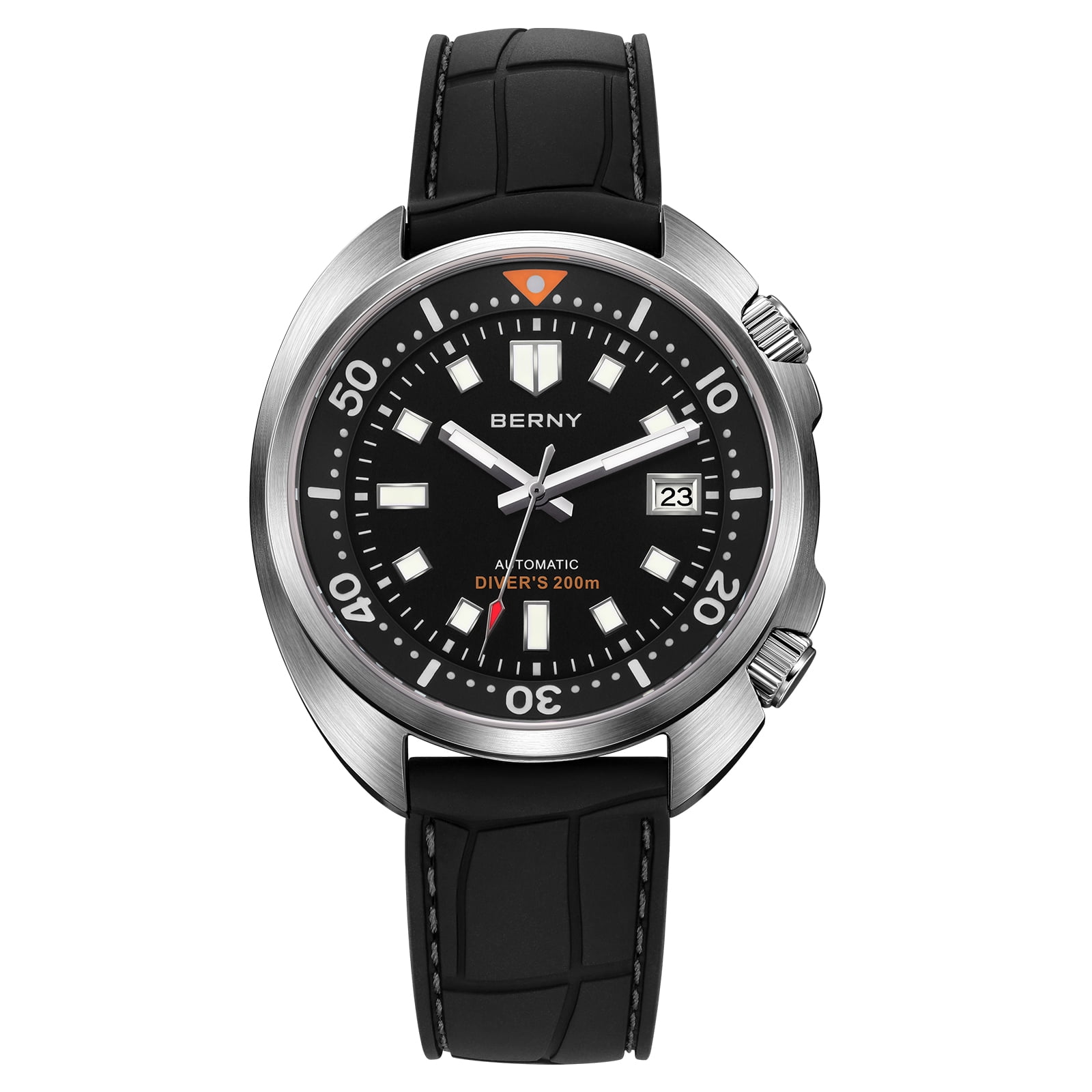 BERNY Automatic Dive Watches for Men, Sport 200M Waterproof Analog Mechanical Watch with Date Display, Super Luminous, Silicone Strap, Sapphire Crystal, Fashion Men's Diver Watch (Black)