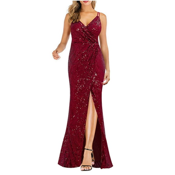 IROINNID Maxi Dress for Women Formal Fall Sequin Slip Dress Sparkly Glitter Party Club Wrap Evening Sequin Dress,Burgundy