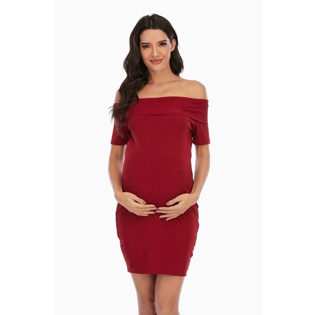 Vestido de manga corta con hombros descubiertos y color liso para embarazadas, vestido de un solo hombro
