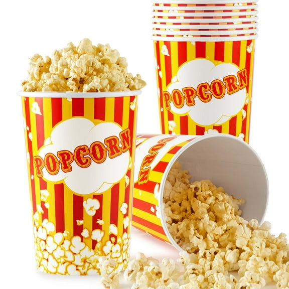 64 Oz Popcorn Buckets, Disposable Popcorn Containers (25 Count), Large Cups, Cardboard Bucket for Family Movie Night, Popcorn Tub, Vintage Bowls for Concession Stand, Carnival Supplies