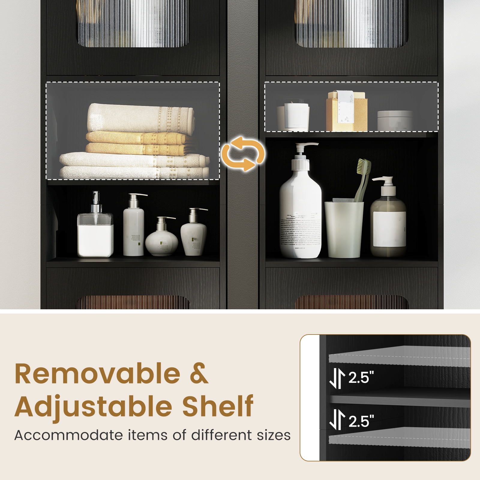 Costway Bathroom Cabinet, Slim Floor Storage Cabinet with 2 Fluted Doors,4 Rubber Feet Black