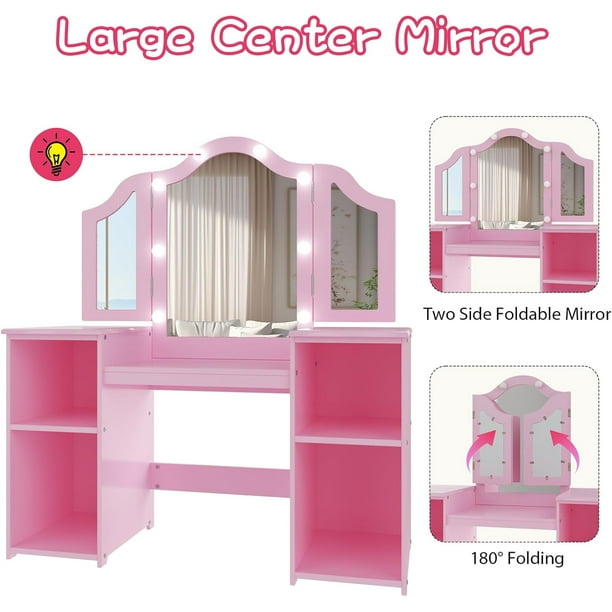 Historyli Tocador 2 en 1,tocador de princesa con luz táctil,espejo triple desmontable,estantes abiertos,juego de maquillaje de madera con silla para niñas,color rosa