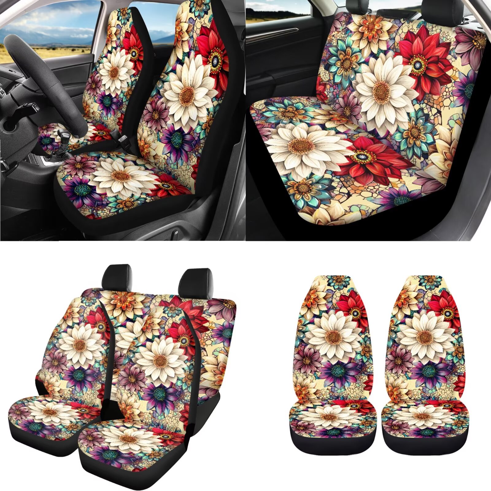 Uorisanigo Dahlia Design Car Seat Covers Full Set with Armrest & Seat Belt Covers, Steering Wheel & Handbrake Protectors, Headrest and Shift Knob Cover, Cup Holder Coaster, Keychains - 18 Pack