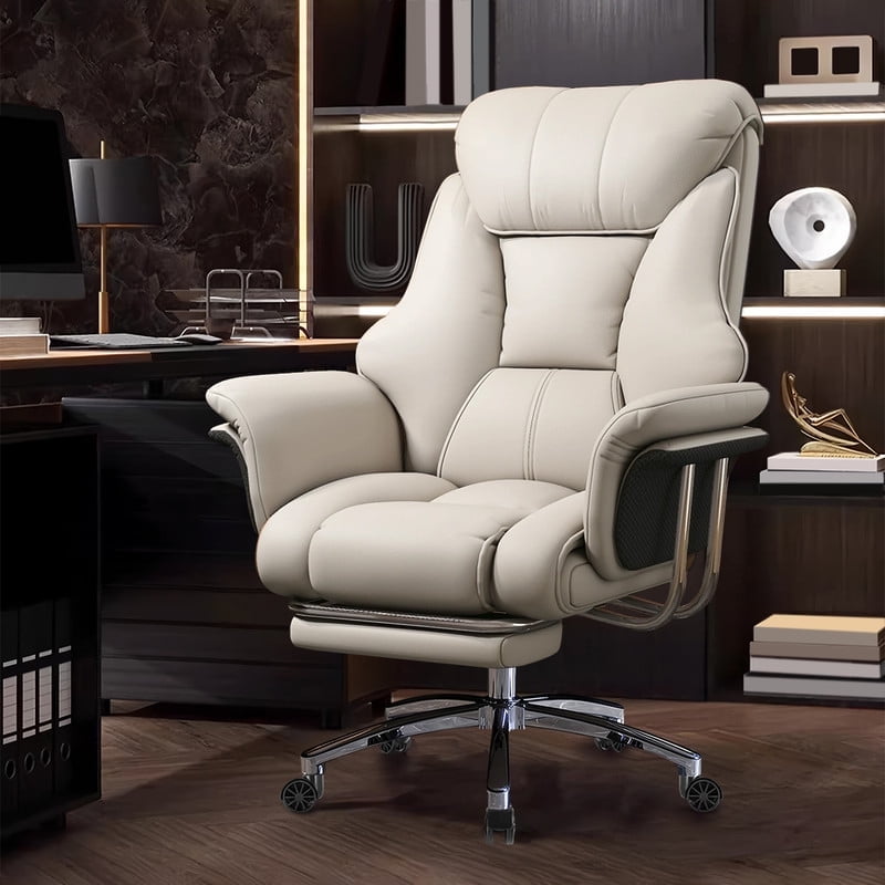 XUEGW Heavy-Duty 550 lbs Big and Tall Office Chair, Wide Seat Leather Ergonomic Executive Desk Chair with Leg Rest, Adjustable Height Computer Gaming Chair, White