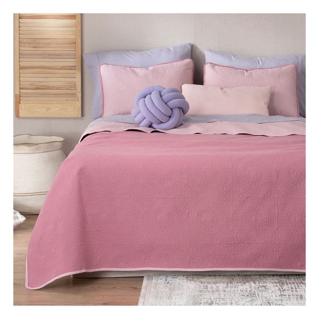 Edredón Ligero Real Textil + 2 Fundas de Almohada, Juego de Colcha Queen Size, Color Rosa Oscuro/Rosa