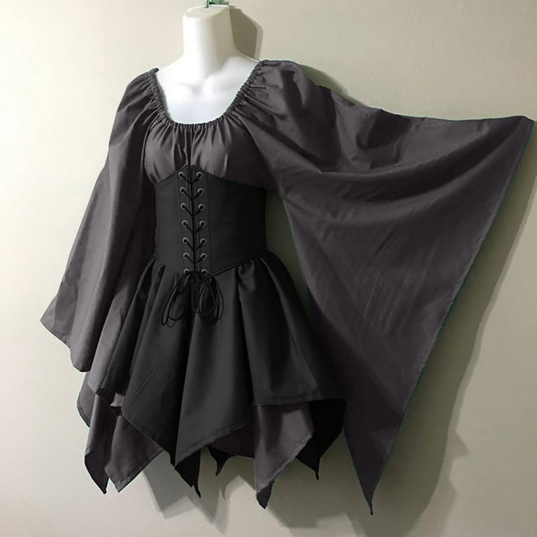 YYDGH Renaissance Medieval Dress for Women Costume Bell Sleeve Corset Skirt  Overskirt Gown Dark Gray XXL 
