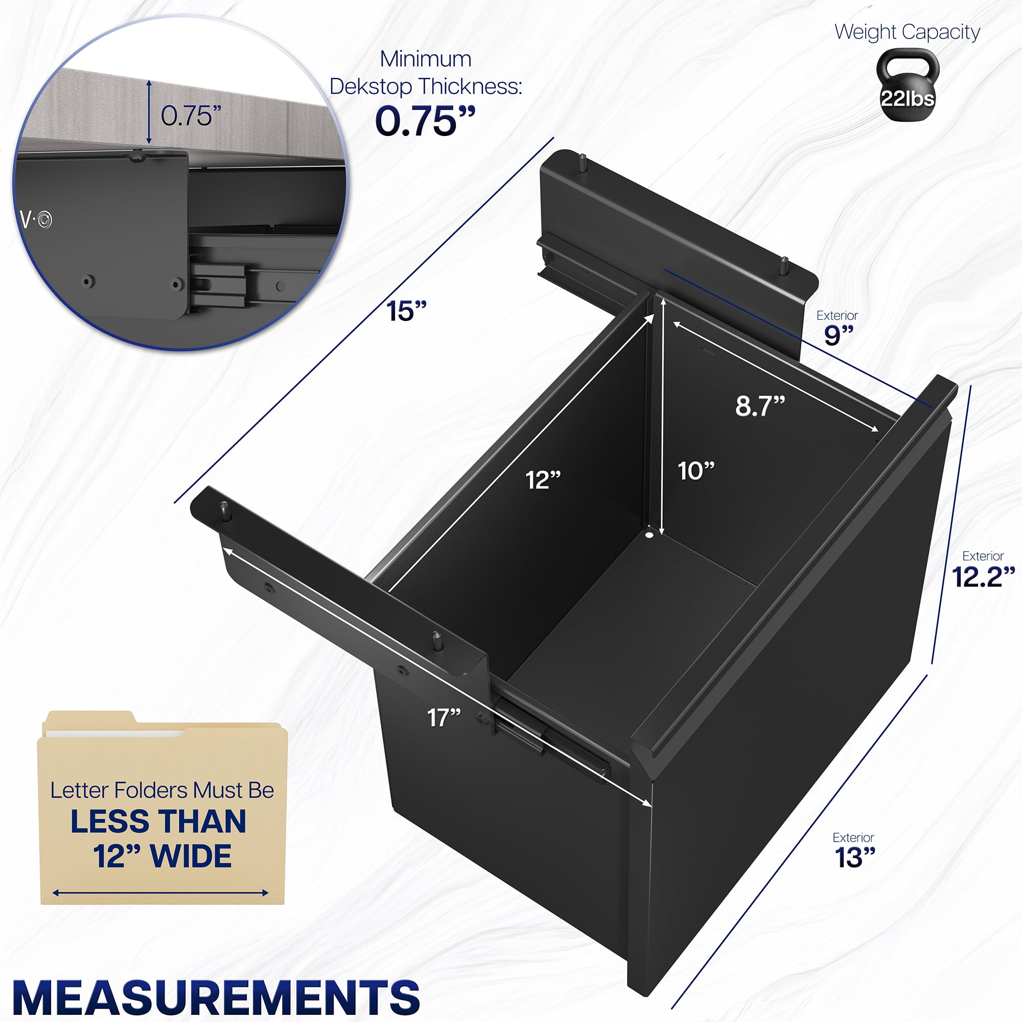 VIVO Black Under Desk Filing Cabinet, Large Storage Drawer for Letter Size Files