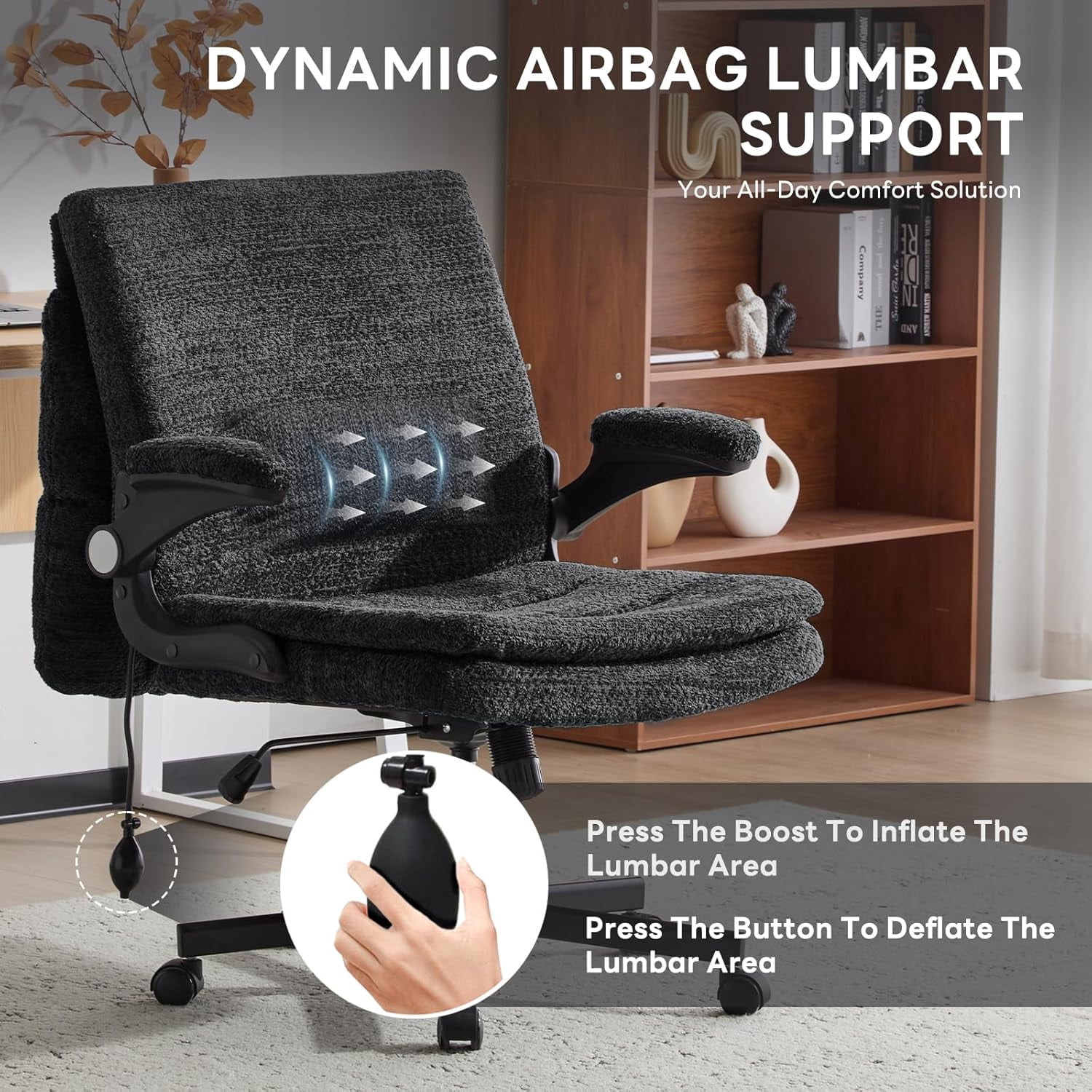 Criss Cross Legged Office Chair with Flip-Up Back Built-In Dynamic Airbag Lumbar Support, Wide Seat Desk Chair with Flip-Up Arms and Wheels, Modern Cross-Leg Chair for Home Office, Vanity, Black.