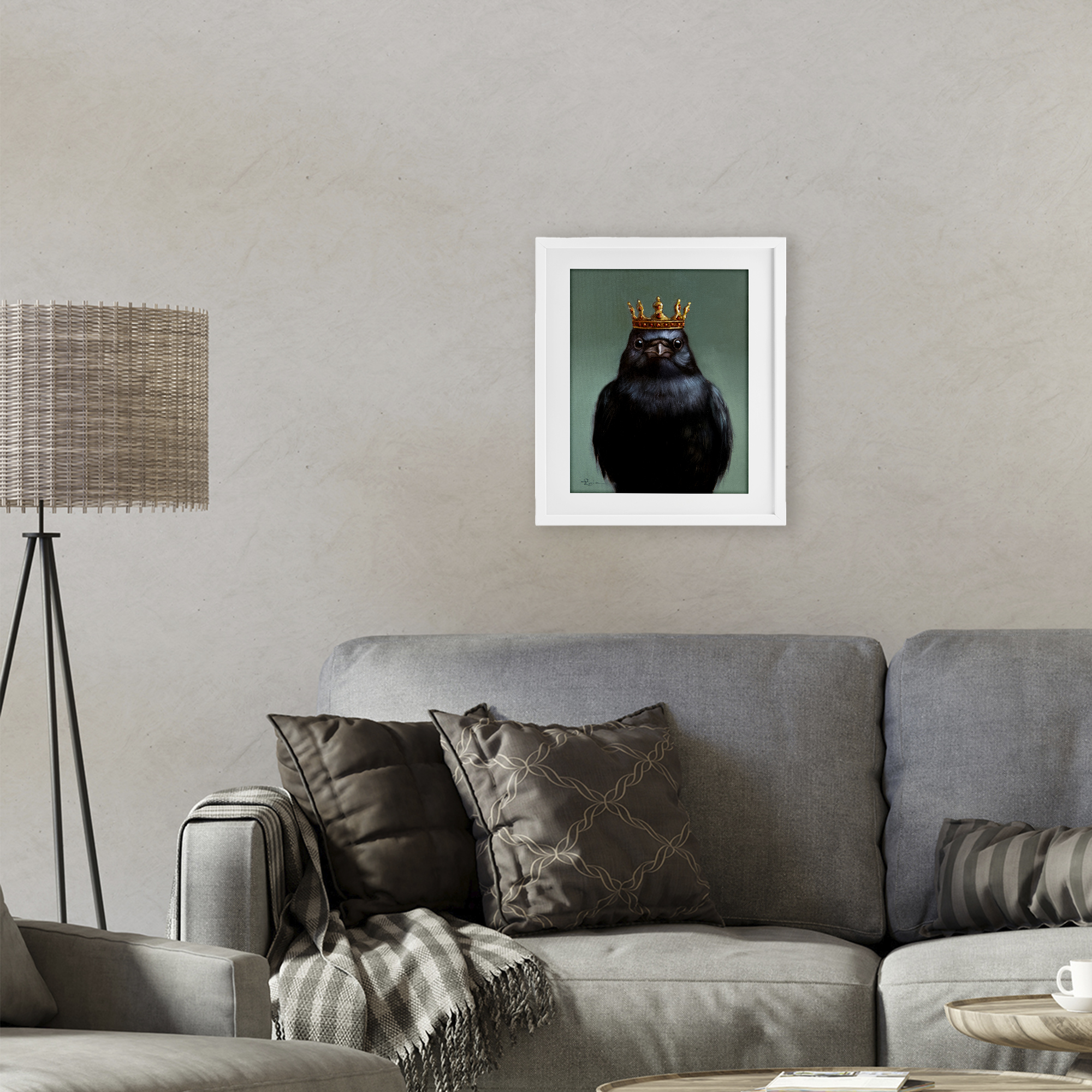King Crow Portrait White Framed Print Under Glass, design by Lucia Heffernan