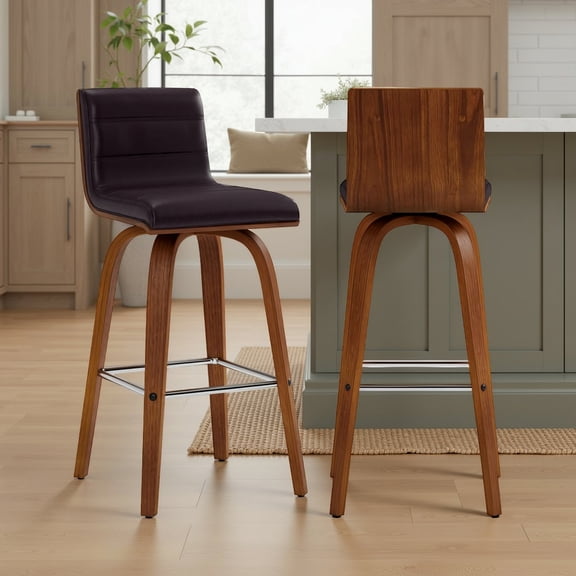 Vienna 26" Swivel Counter Stool in Walnut Wood Finish with Brown Faux Leather - Set of 2