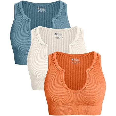 Women's 3 Piece Medium Support Crop Top Seamless Ribbed Removable Cups Workout Yoga Sport Bra