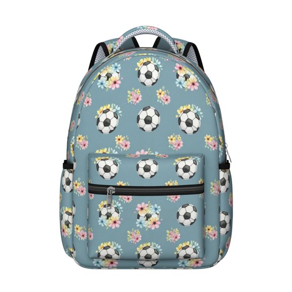 Football and Flower Slateblue Pattern Backpack for School, Cute School Bag with Adjustable Shoulder Straps and Padded Back, 15.3"x11"x7.1"