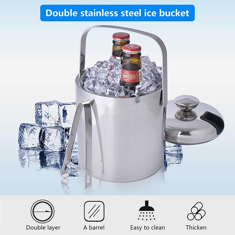 LUCKYGOOBO Mini Stainless Steel Ice Bucket Portable Double Wall Ice Bucket  with Tong, Hotel Bucket/Champagne Bucket/Beverage Bucket,Size 1.3 Liters