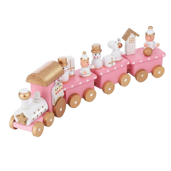 Wooden Christmas Train Toy Mini Pink Train with Snowman Christmas Train Ornament Xmas Table Adornment 4 Section Christmas Train Set Train Model for Kids