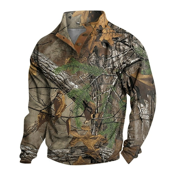GrmtClth Sweatshirts for Men Camo Print Henley Button Down Sweater Casual Long Sleeve Pullover Winter Warm Stand Collar Sweatshirt Brown L