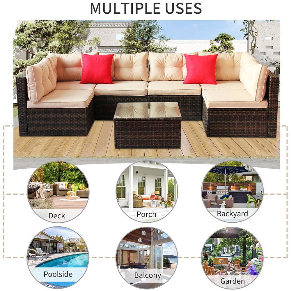 7 Piece Rattan Sectional Sofa Set, Outdoor Conversation Set, All-Weather Wicker Sectional Seating Group with Cushions & Coffee Table, Modern Furniture Couch Set for Patio Deck Garden Pool