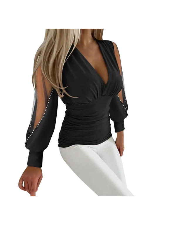 Women Deep V Neck Tops Slim Puff Long Sleeve Elastic Waist Shirt Ruched Wrap Low Cut Crop Blouse Top