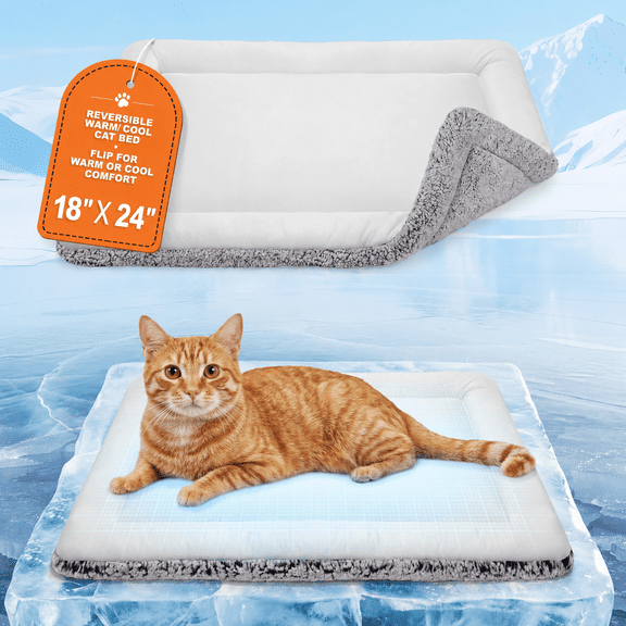 Cat & Small Dog Cooling Mat, Reversible Self-Warming Bed, Plush Fleece & Ice Silk, Gray, 18 x 24 in