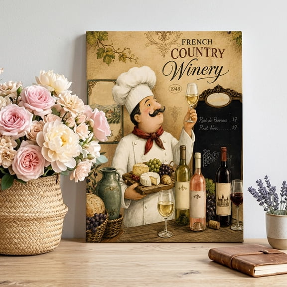 Chef Canvas Wall Art, Wine Bottles Grapes Cheese Rustic Farmhouse Framed Picture Canvas Wall Art Print Decor Artwork Decorations for Living Room Bedroom Ready to Hang 16" x 12"