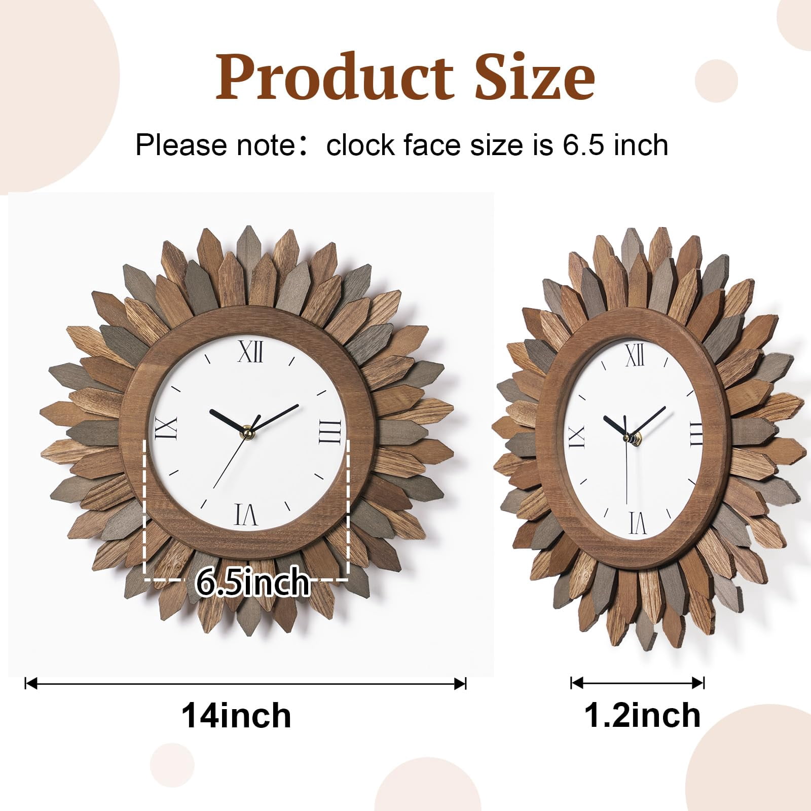 14 In Rustic Wood Boho Sunburst Decorative Wall Clock Silent Non Ticking Farmhouse Small Wall Clocks for Living Room Kitchen Bedroom Decor (Tricolor)