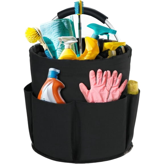 Cleaning Caddy with Handle, Cleaning Products Organiser, 17L Foldable Storage Basket, Cleaning Caddy Organiser, Portable Multi Cleaning Bucket Bag for Home, Garden (Black)