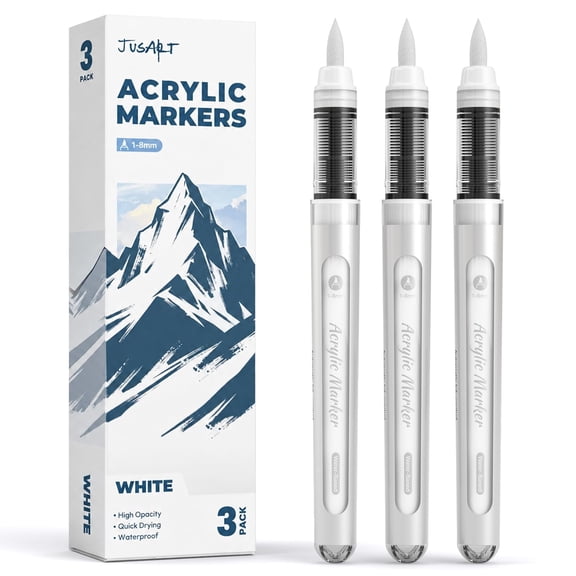 JusArt 3 White Acrylic Paint Markers Brush Tip, Automatic Ink Control,Water-Based White Paint Pen,Waterproof Acrylic Pens for DIY Art & Crafts -Fabric, Wood, Rock, Plastic