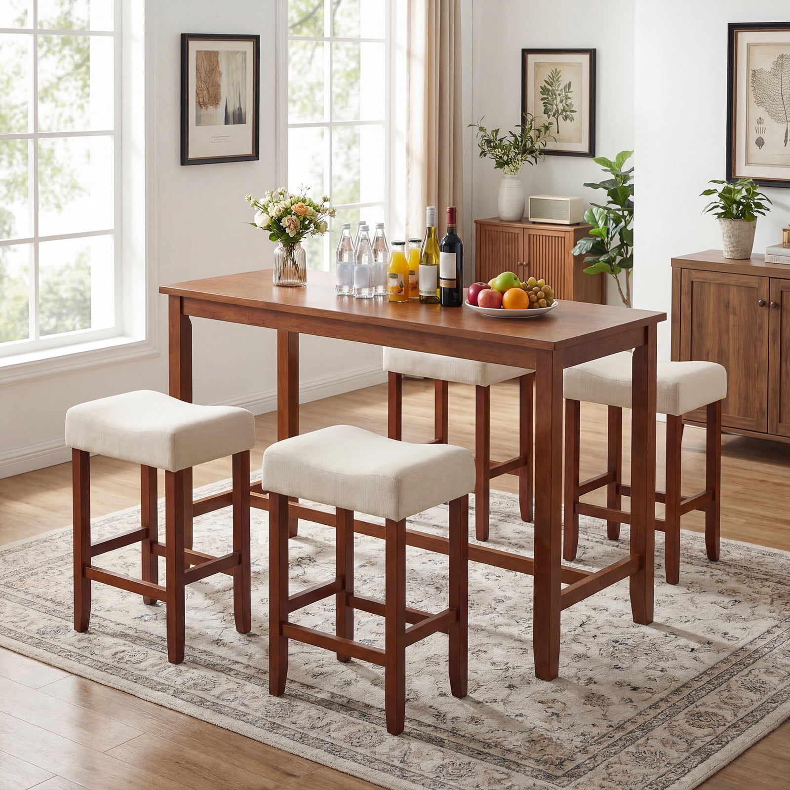 Costway Set of 2 Bar Stools Counter Height Saddle Kitchen Chairs with Wooden Legs  Off-White + Brown