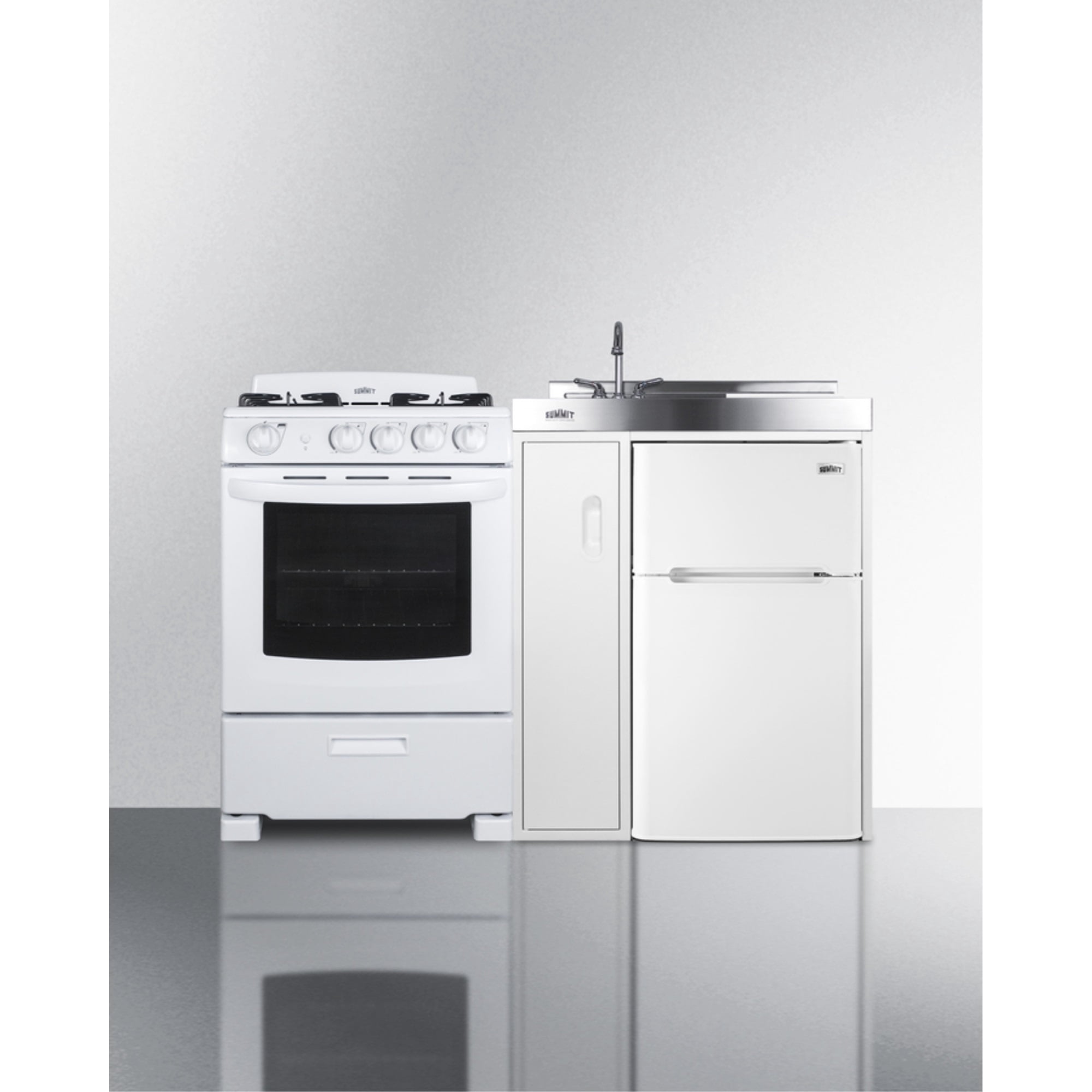 All-in-one combination kitchenette with refrigerator-freezer, sink, storage cabinet, and gas range