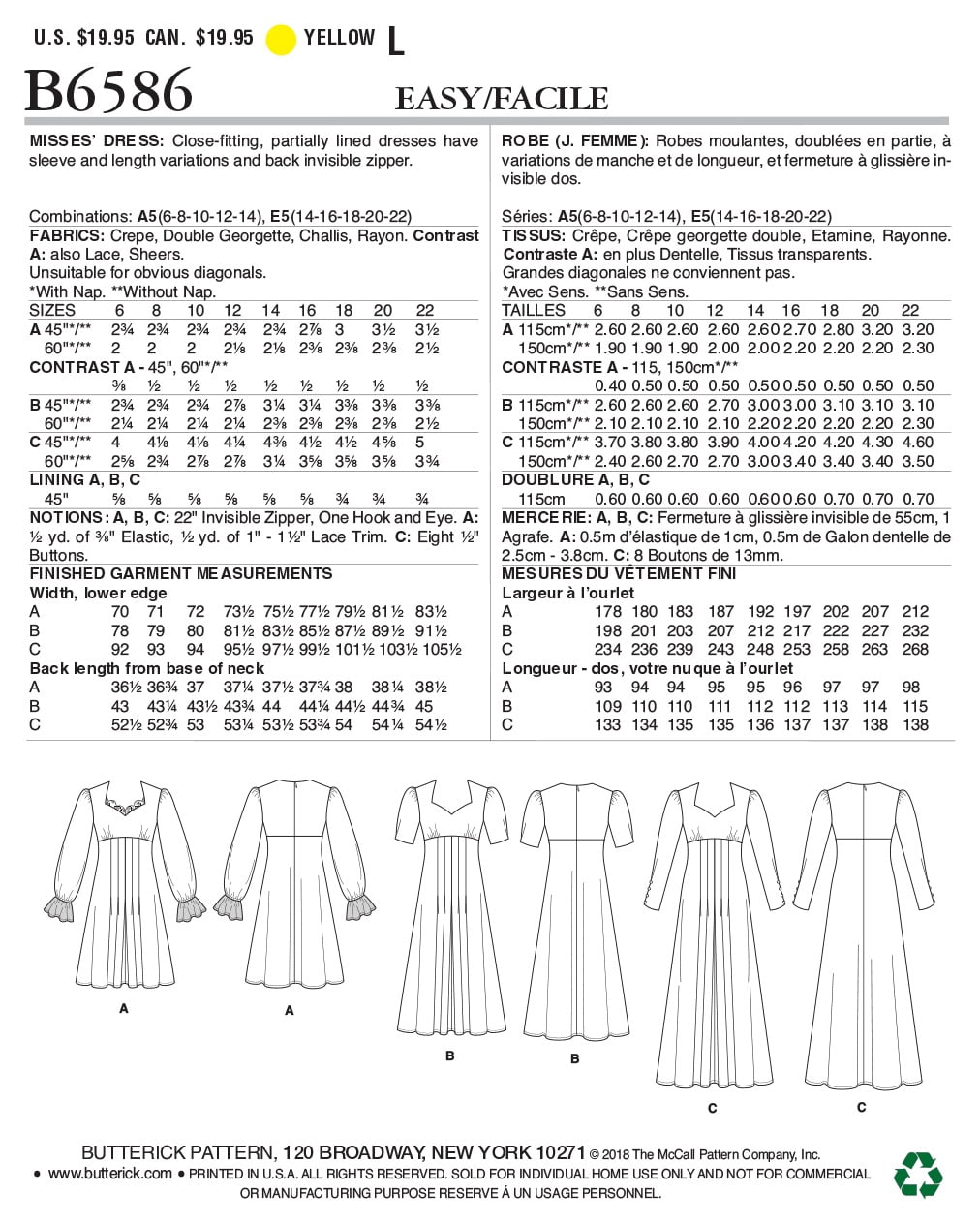 Butterick Pattern Misses' Dress-6-8-10-12-14