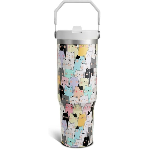 30OZ Cat Lovers Tumbler with Handle & Flip Straw - Insulated Stainless Steel Water Bottle, Cute Pet Gift for Women & Men