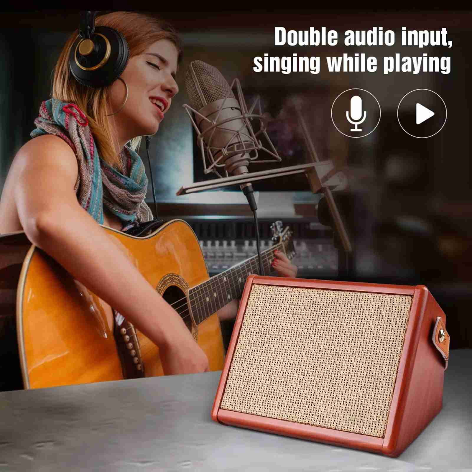 Elowen guitar acoustic Guitar ammoon AC-15 15W Portable Acoustic Guitar Amplifier Amp BT Speaker with Microphone Input Supports Volume Bass Treble Control Reverb Effect Built-in Rechargeable Battery