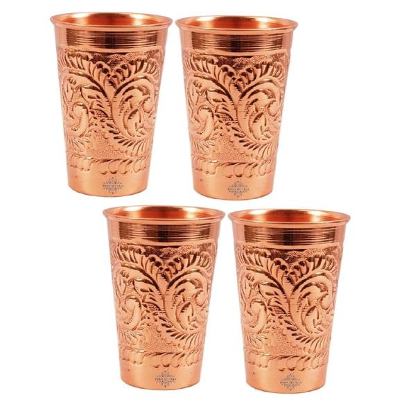 Pure Copper Handmade Designer Embossed Small Glass Tumbler Set Of 4 - 350ml Each, Brown | Drinkware & Serveware, Good For Health - Copper Glass For Daily Use & Gifting, Easy To Carry