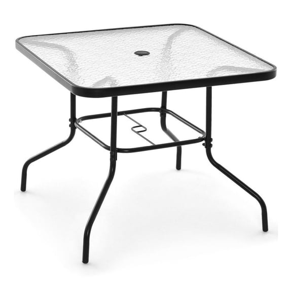 34 Inch Outdoor Dining Table Square Tempered Glass Patio Table with Umbrella Hole - Black
