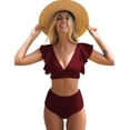 thumbnail image 1 of Traje de baño de dos piezas con cintura alta y volantes para mujer, bikini push up con estampado tropical, 1 of 6