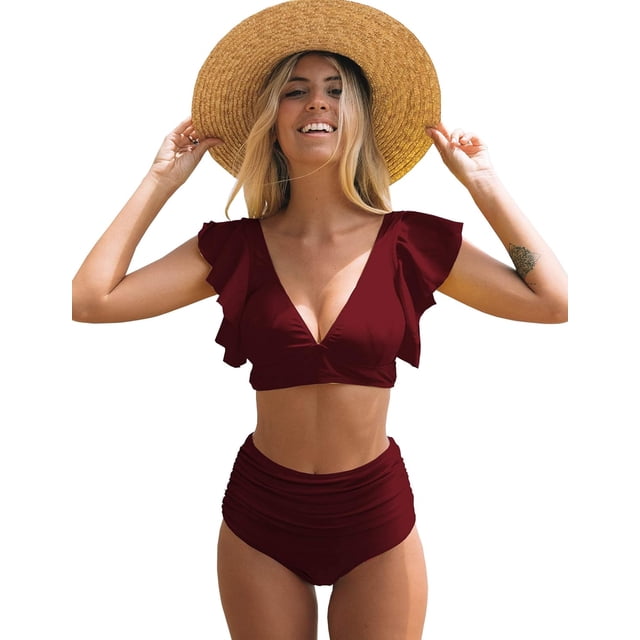 Traje de baño de dos piezas con cintura alta y volantes para mujer, bikini push up con estampado tropical