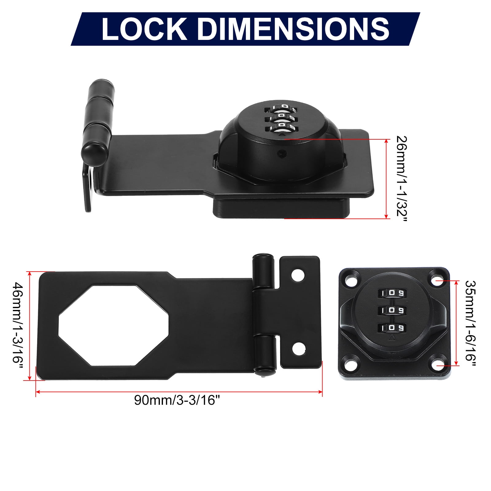 Uxcell Cabinet Password Hasp Lock 3-Digit 180 Degree Barn Door Lock Security Combination Latch Lock for Drawers Cabinet Black 3.5"