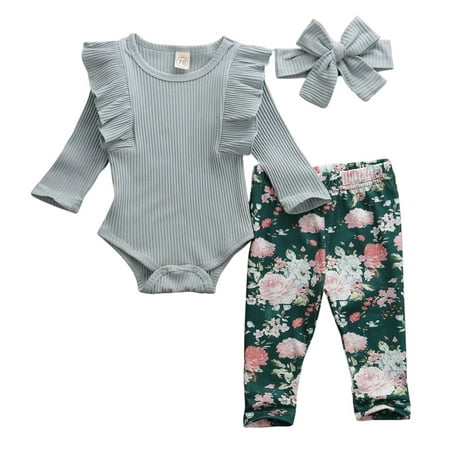 

Bagilaanoe 3pcs Newborn Baby Girl Long Pants Set Long Sleeve Ribbed Ruffle Romper Tops + Floral Trousers + Headband 6M 12M 18M 24M Infant Casual Outfits