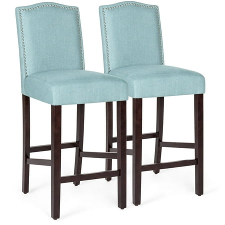 Blue Breakfast Bar Stools Best Choice Products Set of 2 30in Contemporary Upholstered Linen Counter Height Armless Backed Accent Breakfast Bar Stool Chairs for Dining Room, Kitchen, Bar w/ Studded Nail Head Trim - Blue ()