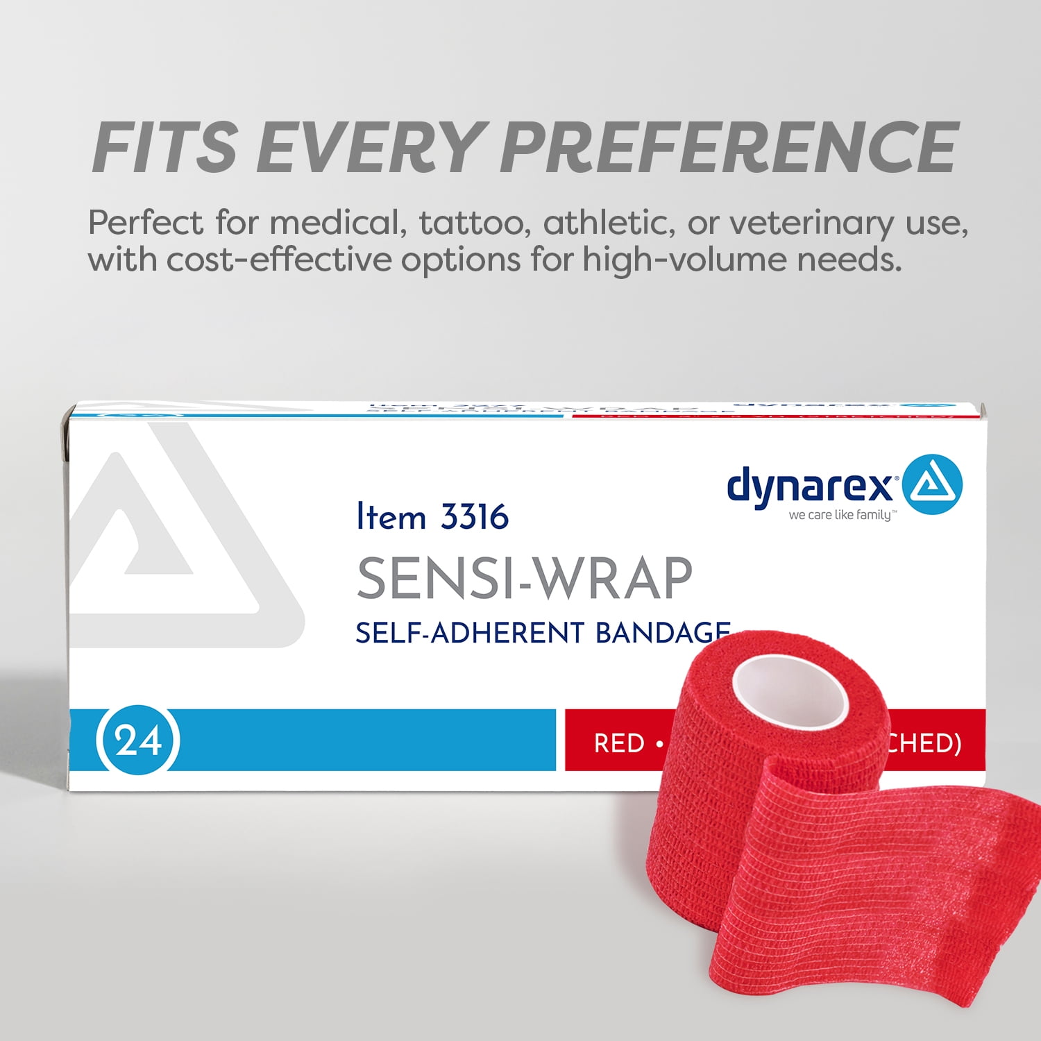 Dynarex Sensi-Wrap Self-Adhesive Bandages, 24-Pack, 3" x 5 yards, Red, Latex-Free, Colored Elastic Cohesive Athletic Tape, Tattoo Grip & Vet Wrap