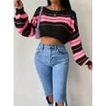 thumbnail image 2 of Striped Boat Neck Pullover, Elegant Lantern Sleeve Drop Shoulder Midriff-Baring Sweater, Women's Clothing, 2 of 6