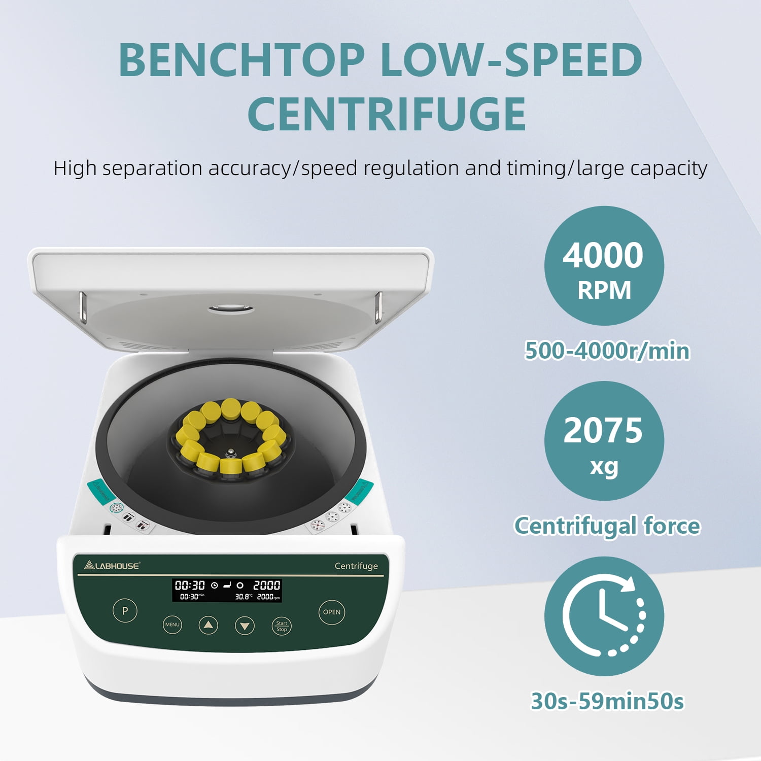 LABHOUSE Centrifuge Machine PRP PRF 2ml-5ml/10ml/15mlx12, Digital Speed 500-4000rpm 2075xg RCF Benchtop Centrifuge with 9-Program Storage & Timer 30sec-99min for High-Throughput Labs