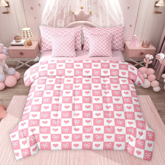 jejeloiu Kawaii Bowtie Ribbon 7-Piece Twin Bedding Sets,Pink Cute Loves Bedding Comforter Set For Girls Teens Reversible