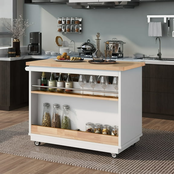 White Kitchen Cart on Wheels with Solid Wood Top, Utility Kitchen Islands with Storage Drawers, Spice Rack, Kitchen Shelf with Large Workstation, Rolling Cart Kitchen Bakers Rack, Easy Assembly