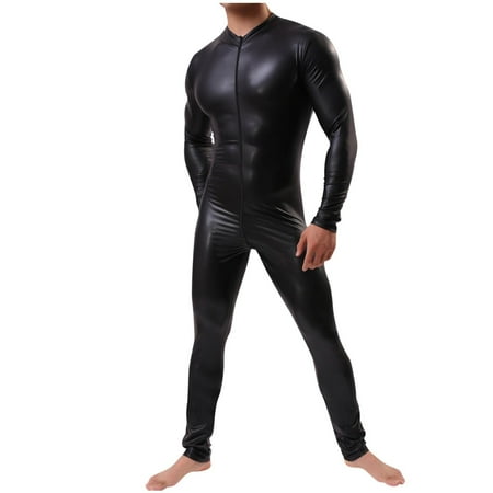 Wyobmus Men s Faux Leather Bodysuit Singlet Leotard Thong Bodysuit Long Sleeve Trousers Jumpsuits Briefs Swimwear A-Black
