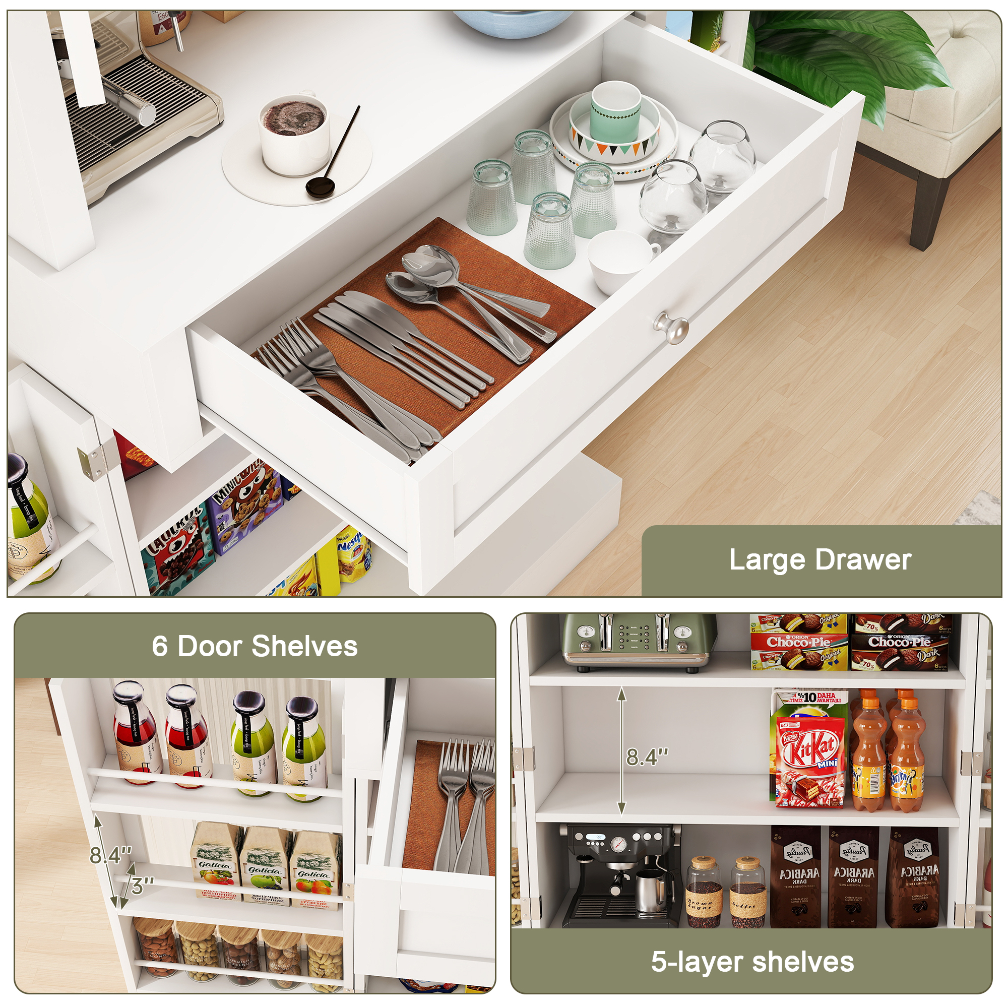 Danpinera Home 70" Tall Kitchen Pantry Cabinet with Hutch & 4 Glass Doors, Microwave Stand with Drawers, White